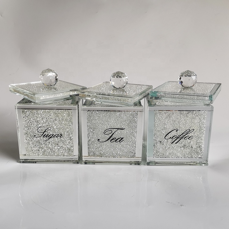 High Quality Kitchen Tea Sugar Coffee Sets Square Crystal Glass Canister Jar With White Crushed Crystal Diamonds