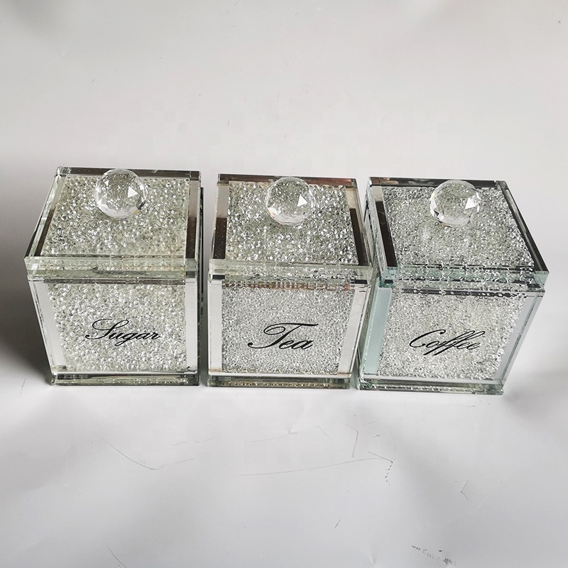 High Quality Kitchen Tea Sugar Coffee Sets Square Crystal Glass Canister Jar With White Crushed Crystal Diamonds