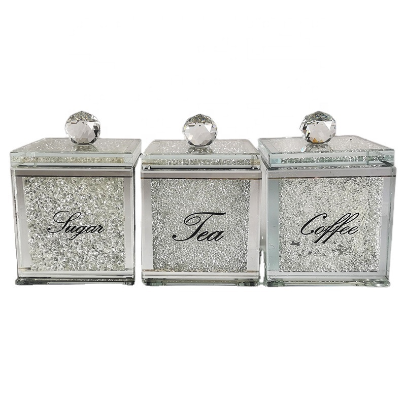 High Quality Kitchen Tea Sugar Coffee Sets Square Crystal Glass Canister Jar With White Crushed Crystal Diamonds