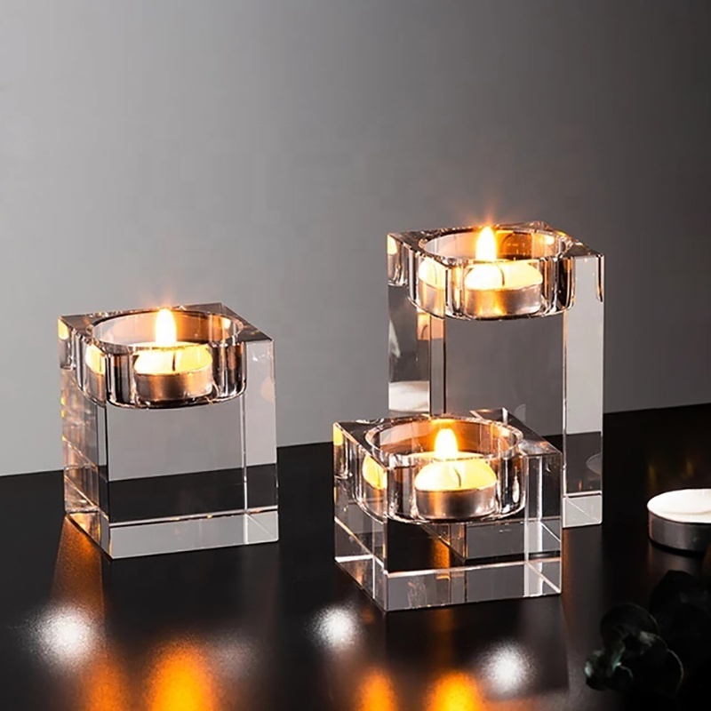 Wholesale Crystal Glass Cube Candle Stand Square Crystal Tealight Candle Holders Set For Home Decorations