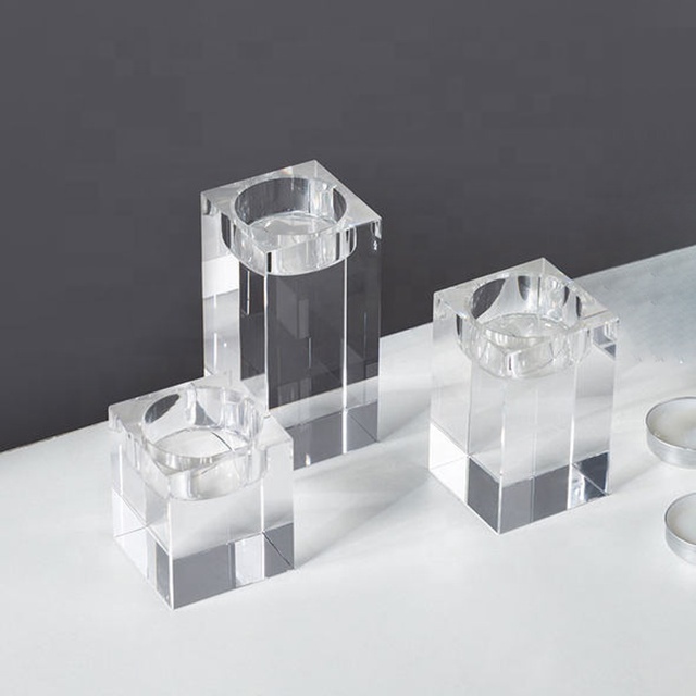 Wholesale Crystal Glass Cube Candle Stand Square Crystal Tealight Candle Holders Set For Home Decorations