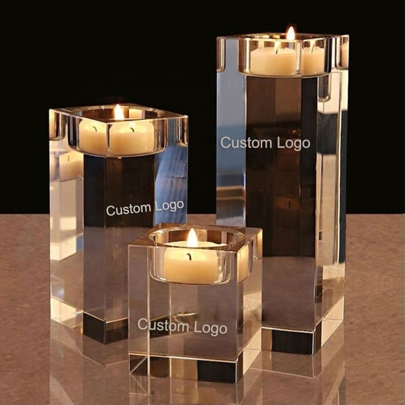 Wholesale Crystal Glass Cube Candle Stand Square Crystal Tealight Candle Holders Set For Home Decorations