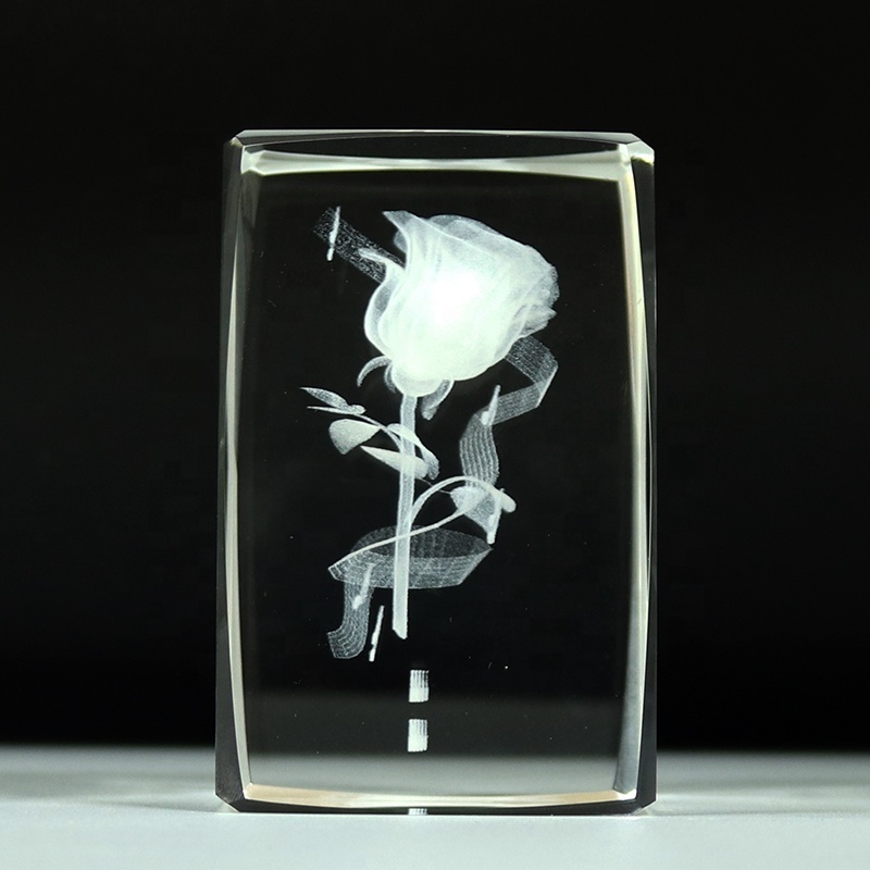 Custom 3D Laser Engraved Crystal Glass Rose Flower Cube With Colorful Led Light Base For Wedding Souvenirs Guests Gifts