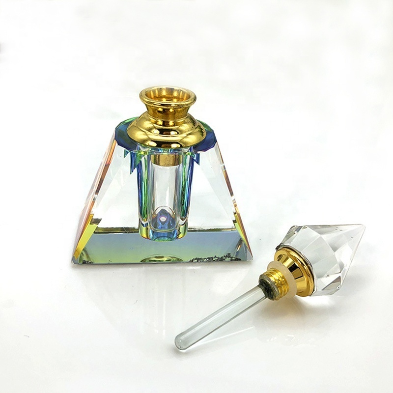 Custom Polished 3ml Triangular Pyramid Shaped Crystal Perfume Bottle Rainbow Glass Oil Bottle Perfume