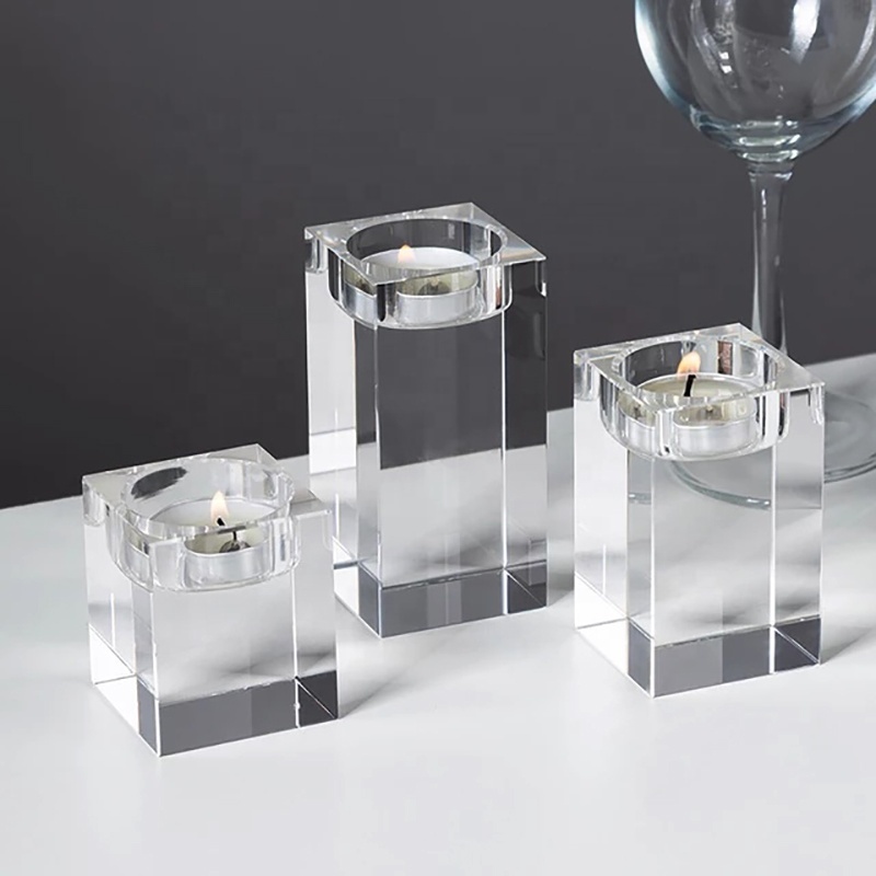 Wholesale Crystal Glass Cube Candle Stand Square Crystal Tealight Candle Holders Set For Home Decorations