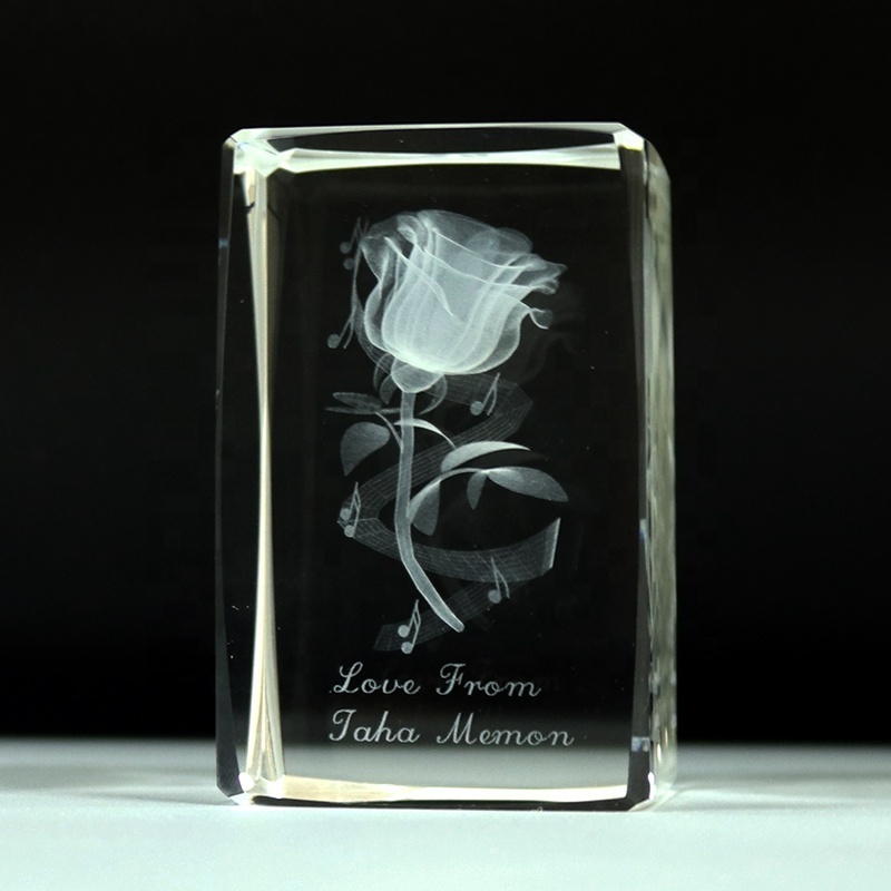 Custom 3D Laser Engraved Crystal Glass Rose Flower Cube With Colorful Led Light Base For Wedding Souvenirs Guests Gifts