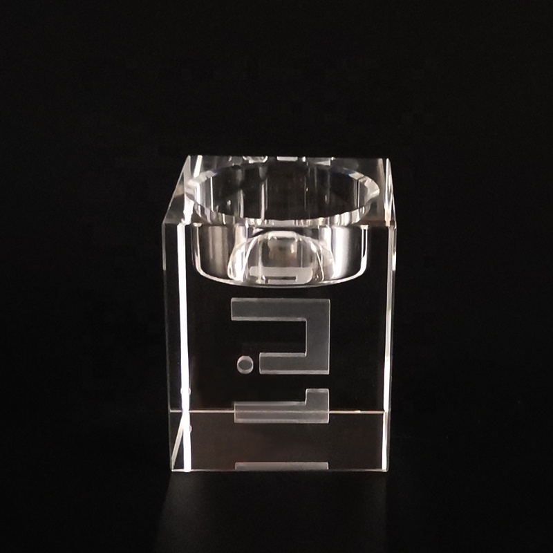 Custom Logo Engraved Crystal Tealight Candle Holders Square Glass Wedding Votive Candle Holder