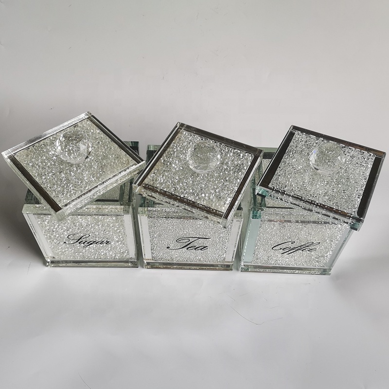 High Quality Kitchen Tea Sugar Coffee Sets Square Crystal Glass Canister Jar With White Crushed Crystal Diamonds