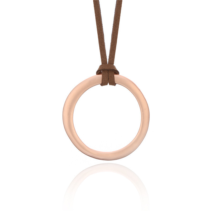 Handmade Vintage Rose Gold Silver Alloy Round Circle Pendant Necklace Long Leather Rope Chain Necklaces For Women