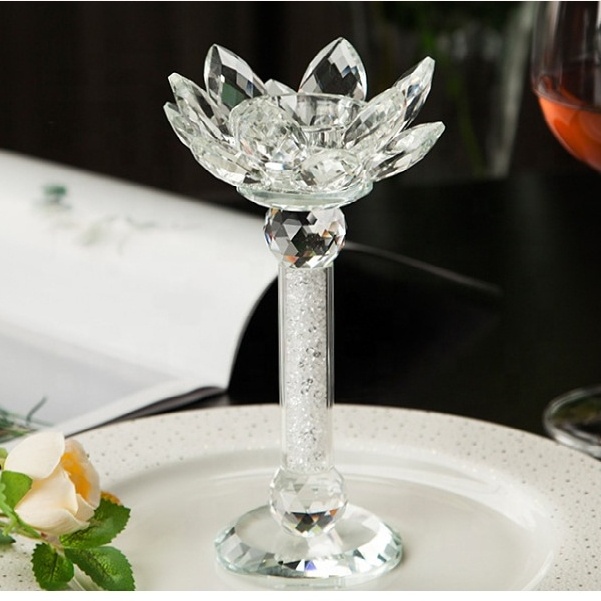 Glass Crystal Votive Lotus Flower Candle Holder Diamond Crushed Tall Pillar Base Candlestick Wedding Home Decoration