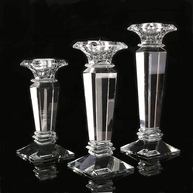 3 Piece Set Wholesale Candelabra Solid Glass Pillar Candle Stick Holders Clear Crystal Taper Candlestick