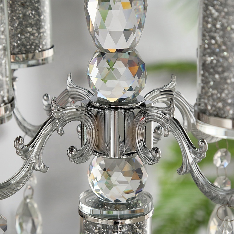 Wedding table centerpiece long stemmed tall crystal candle holder 5 arms crystal candelabra for home decor