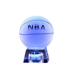 Wholesale Crystal Crafts 8cm K9 Solid Sports Glass Sphere 3d Laser Engraved Basketball/Football Crystal Ball With Led Base