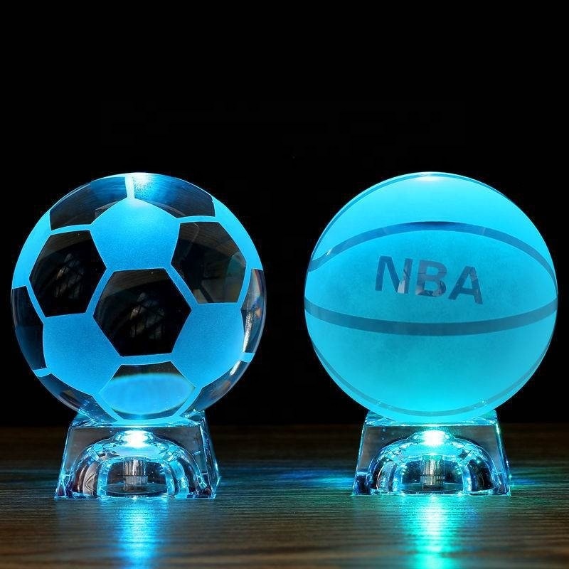 Wholesale Crystal Crafts 8cm K9 Solid Sports Glass Sphere 3d Laser Engraved Basketball/Football Crystal Ball With Led Base