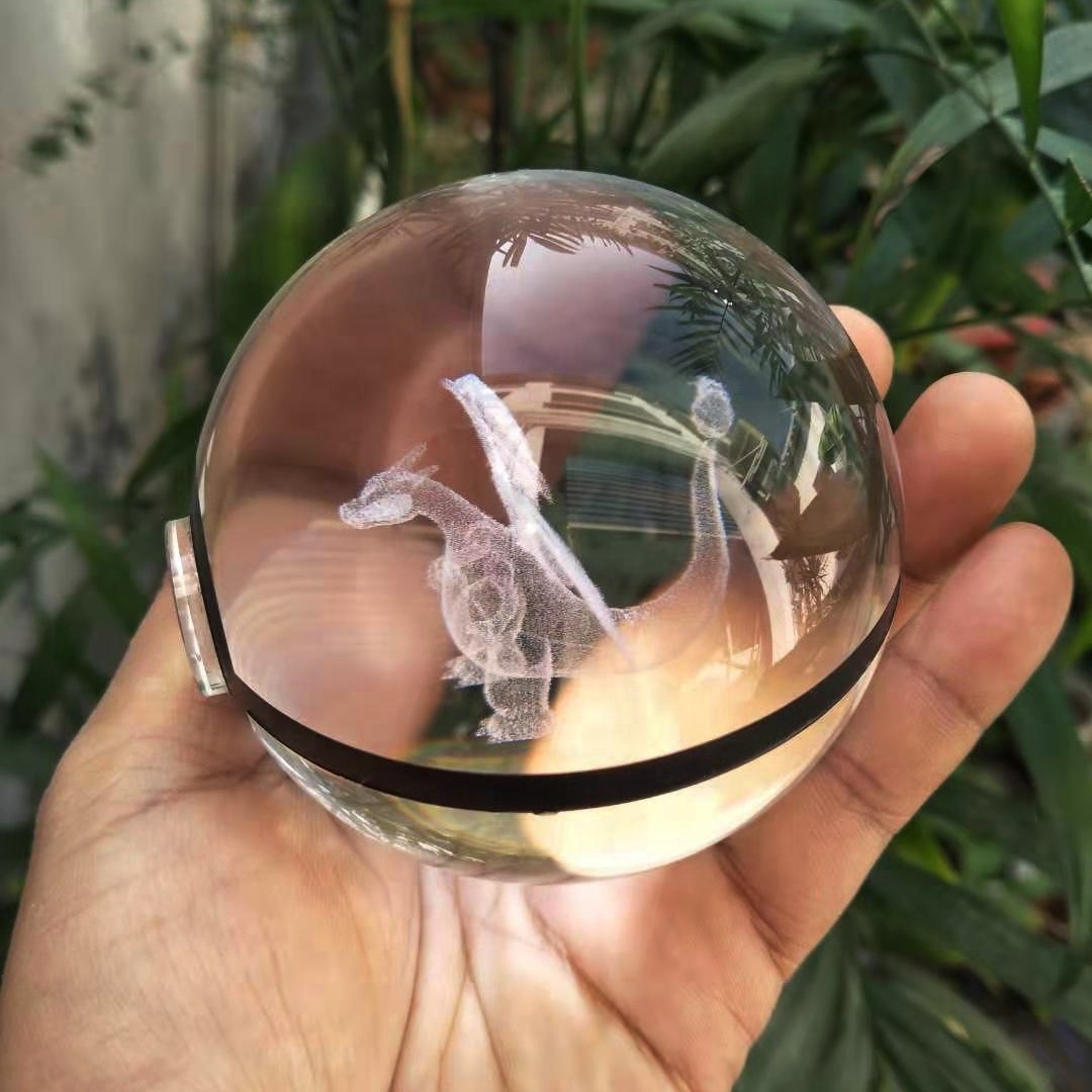 Wholesale Crystal K9 Glass Bulbasaur Poke Ball Custom 3D Laser Pokemon Crystal Ball For Holiday Decoration Gift