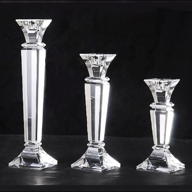 3 Piece Set Wholesale Candelabra Solid Glass Pillar Candle Stick Holders Clear Crystal Taper Candlestick