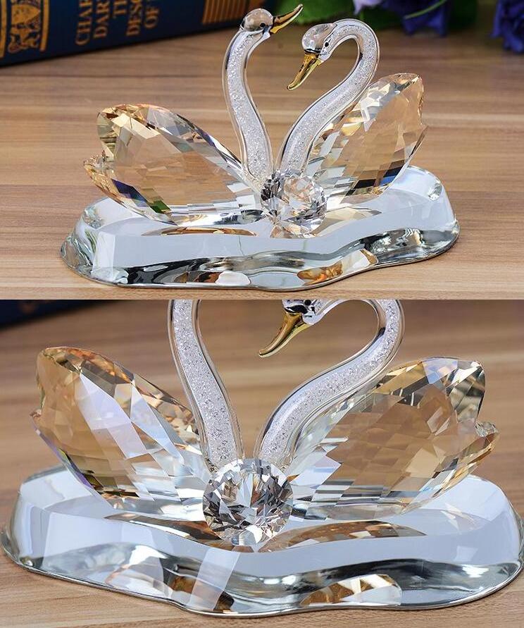 Unique couple crystal glass swans model handmade desk ornament wedding gifts crystal crafts glass swan