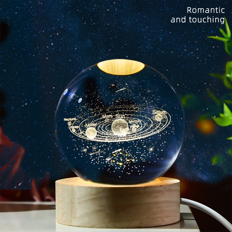 3d Laser Engraved Solar System Planet Sphere Crystal Ball Souvenir Crystal Ball With Wood Led Light