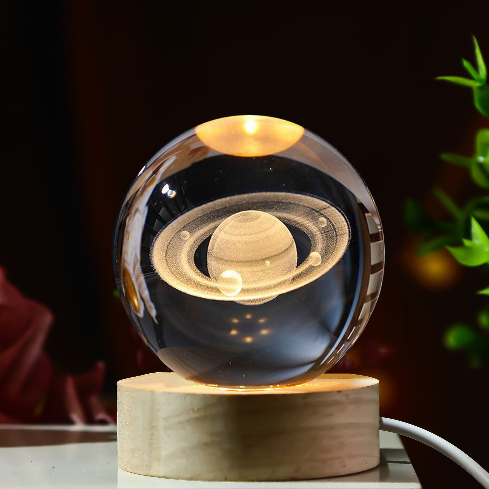 3d Laser Engraved Solar System Planet Sphere Crystal Ball Souvenir Crystal Ball With Wood Led Light