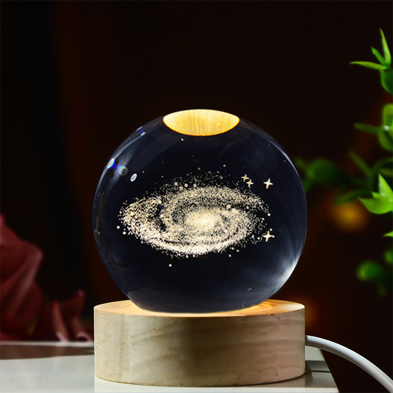 3d Laser Engraved Solar System Planet Sphere Crystal Ball Souvenir Crystal Ball With Wood Led Light