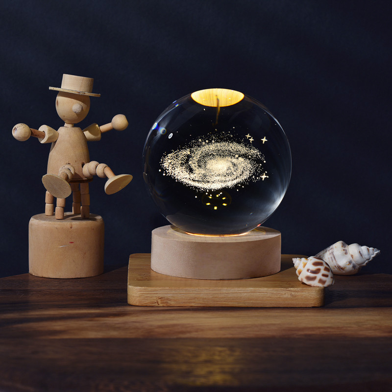 Hot Sale 80mm 3D Laser Engraved Crystal Galaxy Ball Etached Solar System Planet Crystal Glass Ball with Wood Led Stand