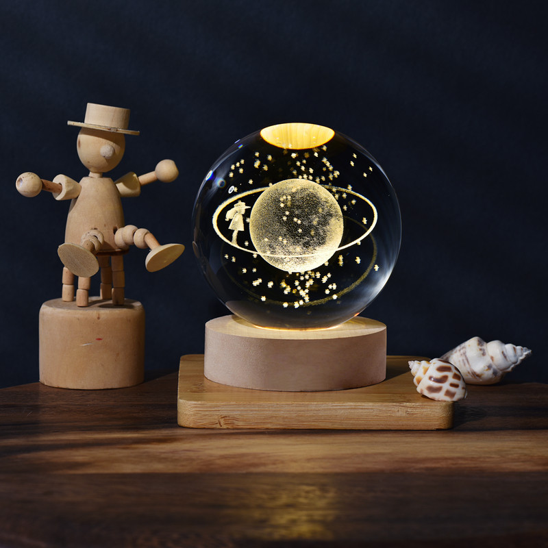 Hot Sale 80mm 3D Laser Engraved Crystal Galaxy Ball Etached Solar System Planet Crystal Glass Ball with Wood Led Stand