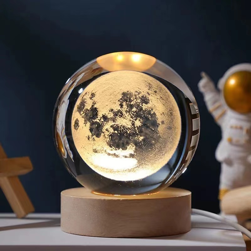 Moon Astronaut Planet Globe 3D Crystal ball  Laser Engraved Solar System Ball with Touch Switch LED Light Base Astronomy Gift