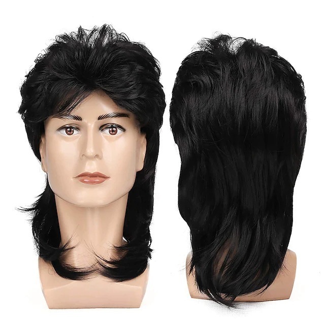 Synthetic Hair 80s Fancy Tuxedo Party Mullet Rock Style Wig Heat Resistant Fiber Combined to Grow Straight Black Cosplay Wig