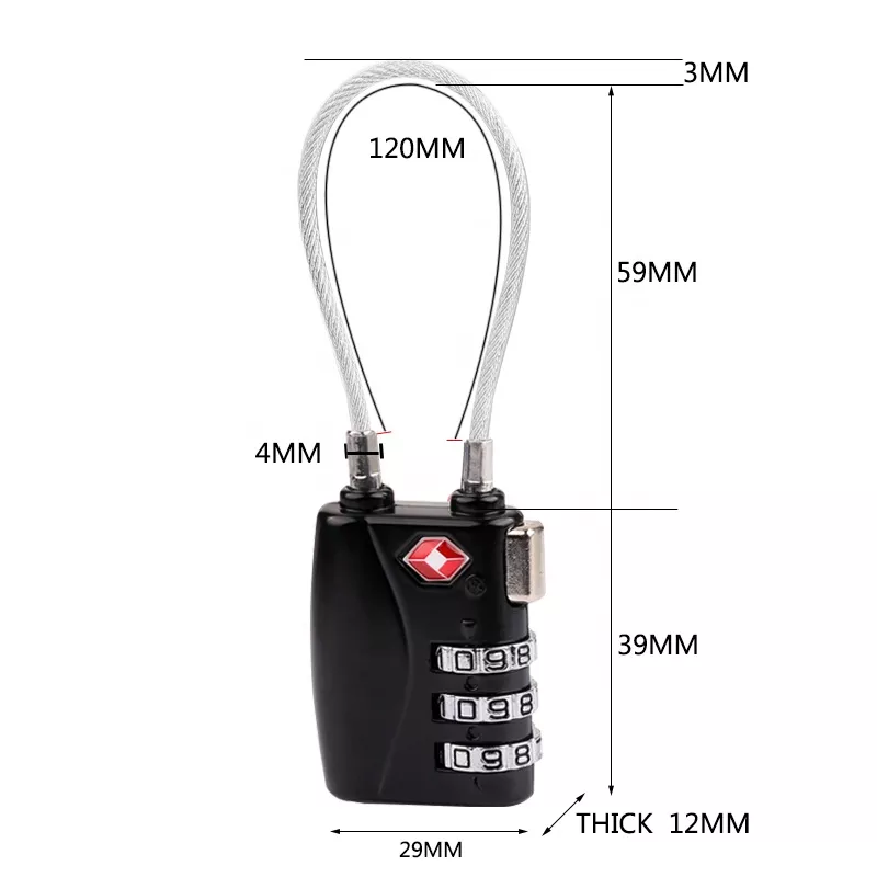 3 Digit Code TSA lock outdoor Luggage Backpack zipper  wire rope code password combination padlock