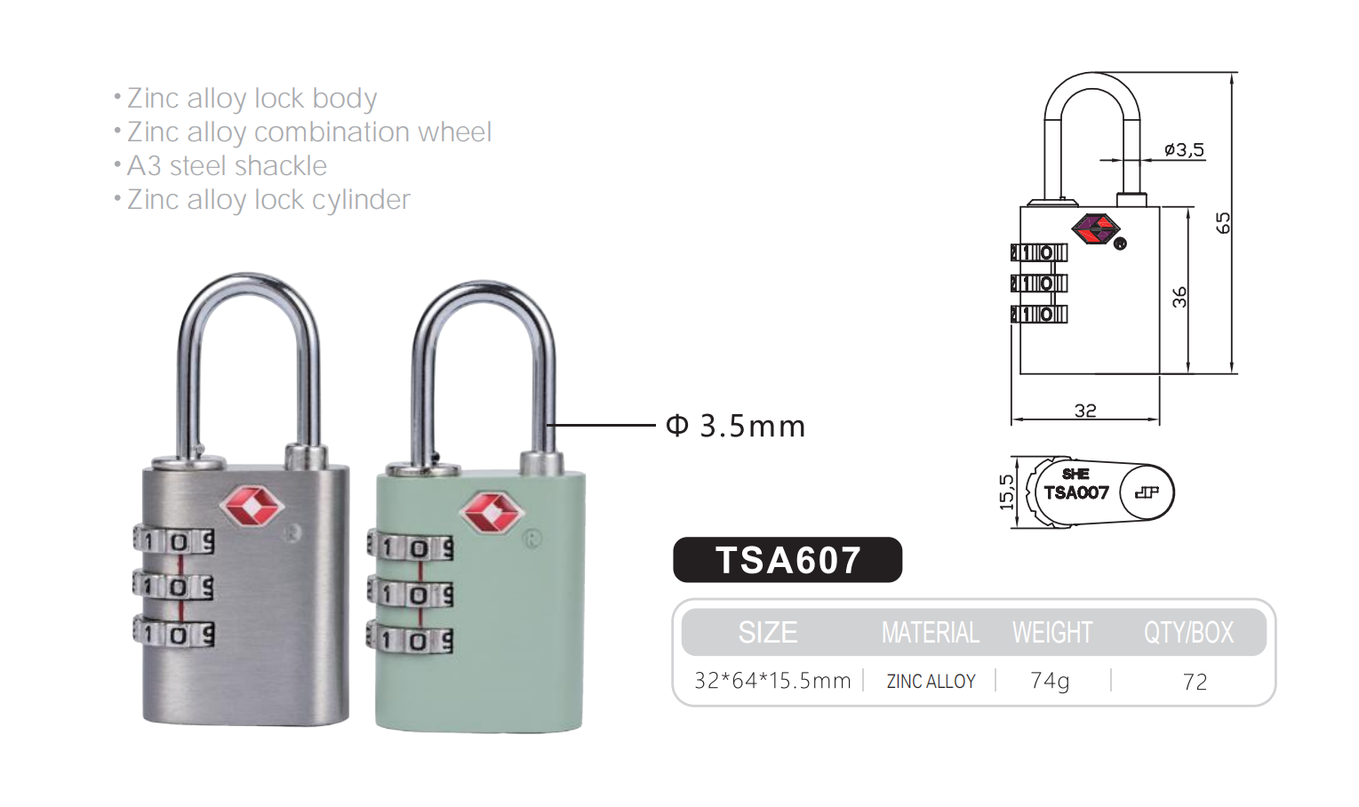 Rarlux Tsa Padlock 3 Digital password Luggage Bag Zinc Alloy lock body combination wheel A3 steel shackle combination padlock