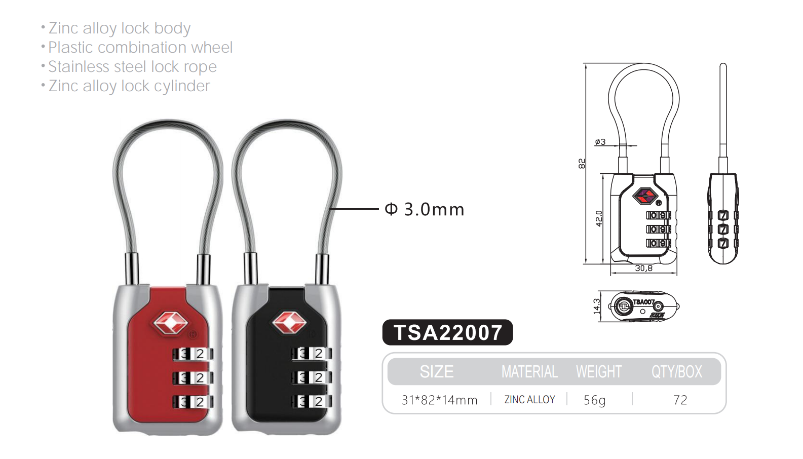 Rarlux Tsa Padlock 3 Digital password Luggage Bag Zinc Alloy lock body combination wheel suitcase combination padlock