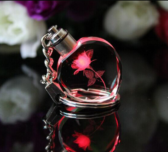 MH-YS0047 Multicoloured Lights Led Crystal Heart Shape Laser Rose Keychain Crystal Key Holder