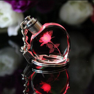 MH-YS0047 Multicoloured Lights Led Crystal Heart Shape Laser Rose Keychain Crystal Key Holder