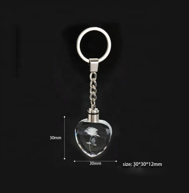 MH-YS0047 Multicoloured Lights Led Crystal Heart Shape Laser Rose Keychain Crystal Key Holder