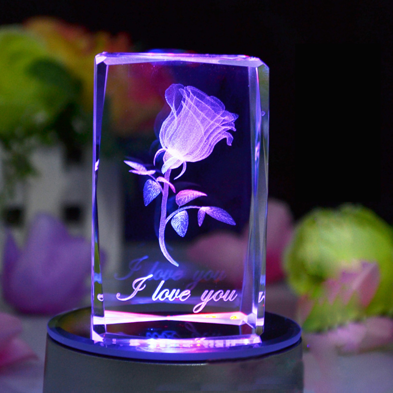 Led Engraving Cube with Base Laser Engraved Crystal Block Glass Present Rose 3D Christmas K9 Crystal Home Decoration Paperweight