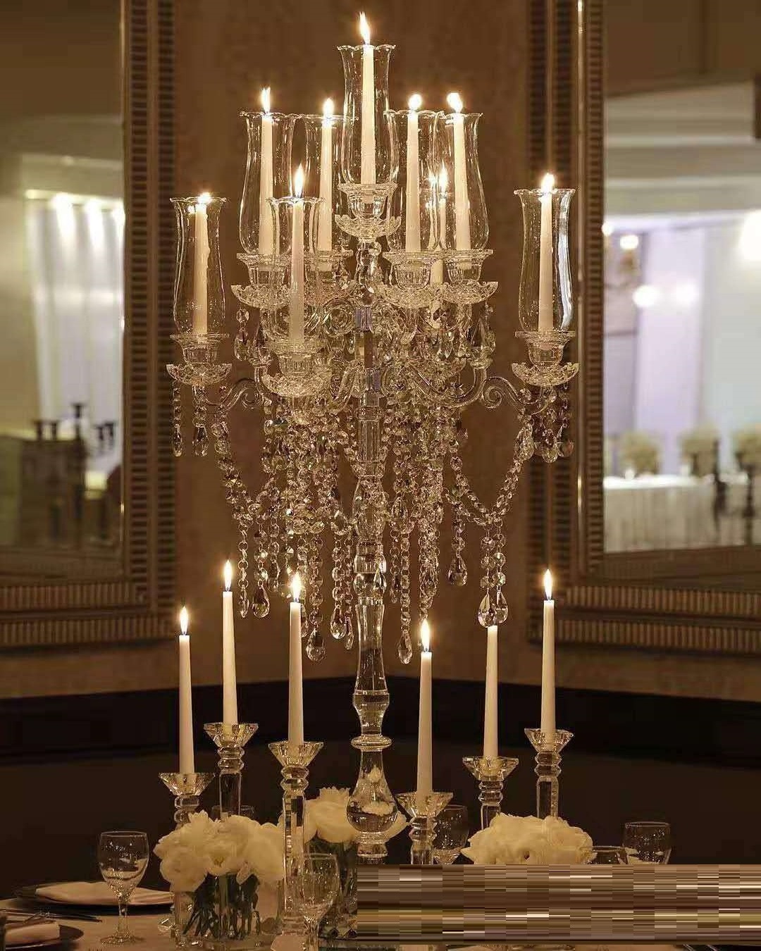 Custom 9 Arms Glass Table Top Candelabra Crystal Candle Holder For Wedding Table Decoration