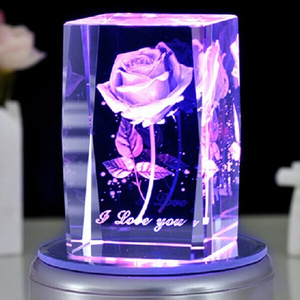 Led Engraving Cube with Base Laser Engraved Crystal Block Glass Present Rose 3D Christmas K9 Crystal Home Decoration Paperweight