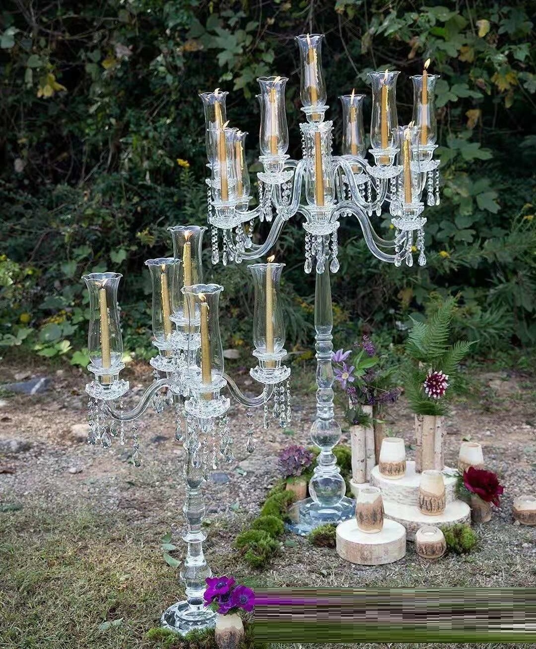 Custom 9 Arms Glass Table Top Candelabra Crystal Candle Holder For Wedding Table Decoration