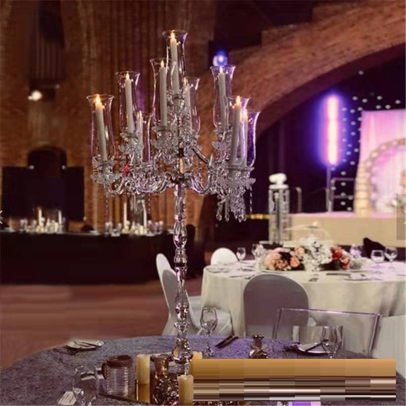 Custom 9 Arms Glass Table Top Candelabra Crystal Candle Holder For Wedding Table Decoration