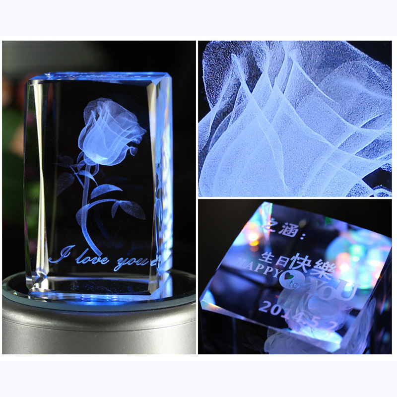 Led Engraving Cube with Base Laser Engraved Crystal Block Glass Present Rose 3D Christmas K9 Crystal Home Decoration Paperweight