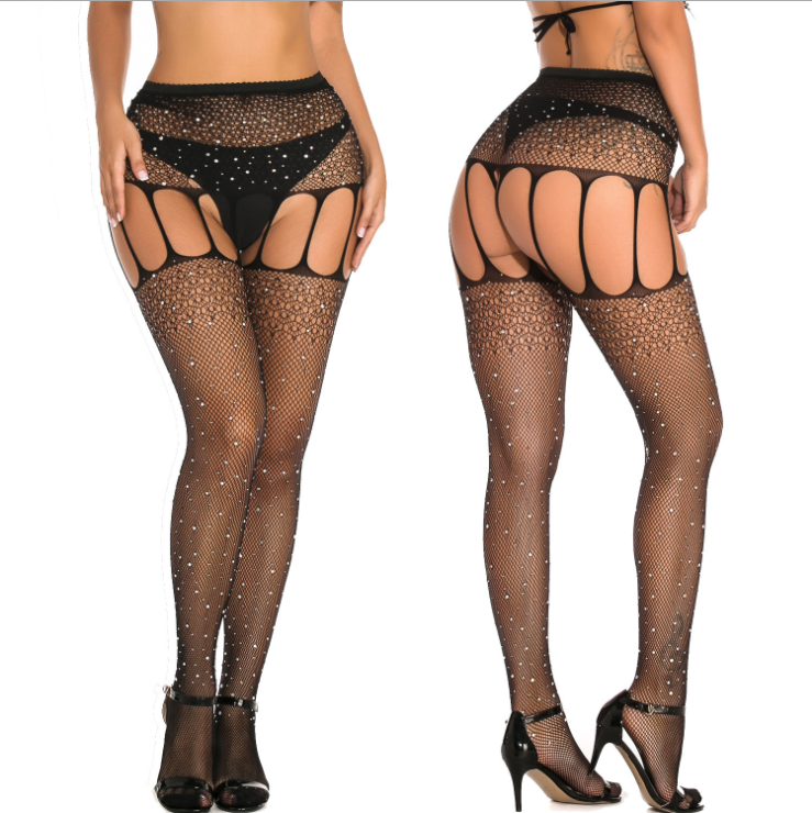 VAQUA Sexy Sparkly Fishnet Stockings Jeweled High Waist Tights Rhinestone Sheer Hollow Out Pantyhose