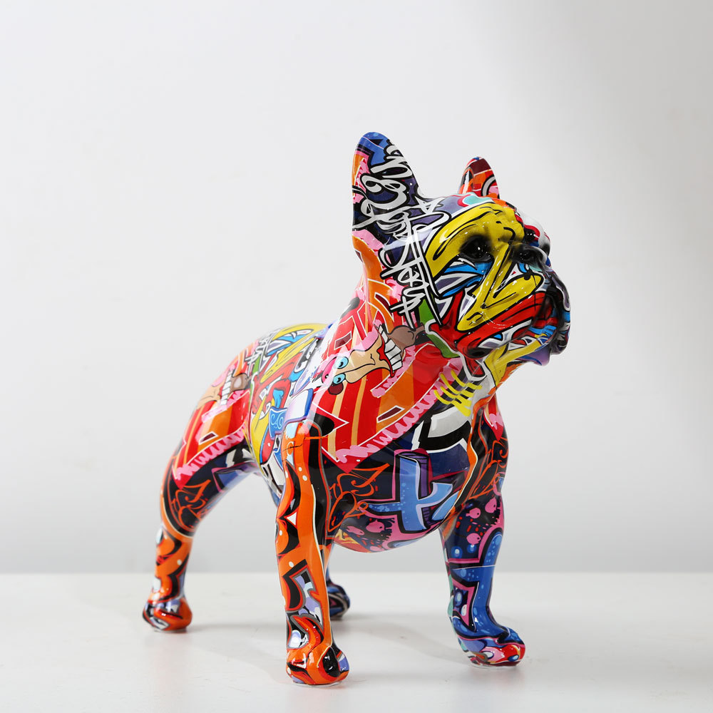 Creativity Modern Colorful French Bulldog Statue Wholesale Graffiti  Office Ornaments Printing Resin Dog Home Decor Crafts