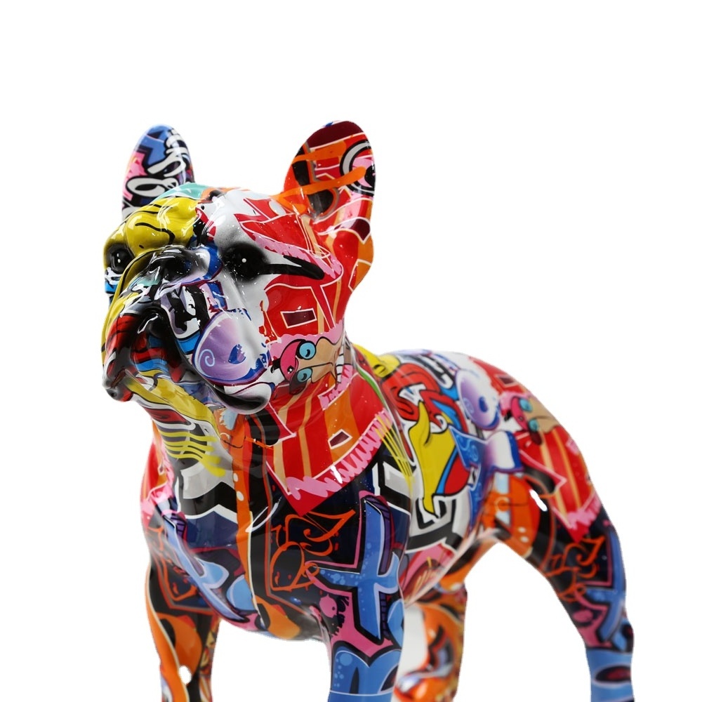 Creativity Modern Colorful French Bulldog Statue Wholesale Graffiti  Office Ornaments Printing Resin Dog Home Decor Crafts