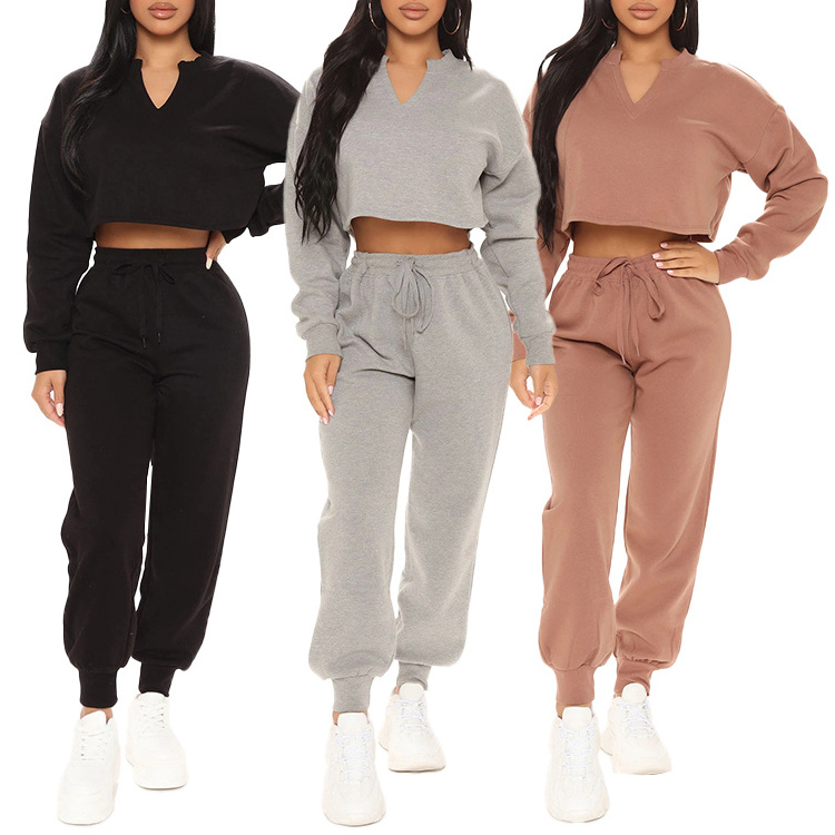 Women's Custom Organic Cotton Crop Top Jogger Pants Sweatshirt Jogging Track Suit 2 Piece Hoodie Set Tracksuit for Women