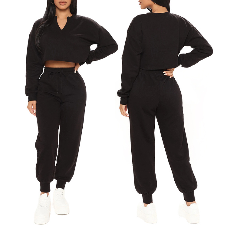 Women's Custom Organic Cotton Crop Top Jogger Pants Sweatshirt Jogging Track Suit 2 Piece Hoodie Set Tracksuit for Women