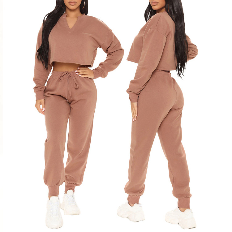 Women's Custom Organic Cotton Crop Top Jogger Pants Sweatshirt Jogging Track Suit 2 Piece Hoodie Set Tracksuit for Women