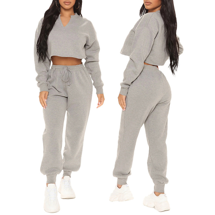 Women's Custom Organic Cotton Crop Top Jogger Pants Sweatshirt Jogging Track Suit 2 Piece Hoodie Set Tracksuit for Women