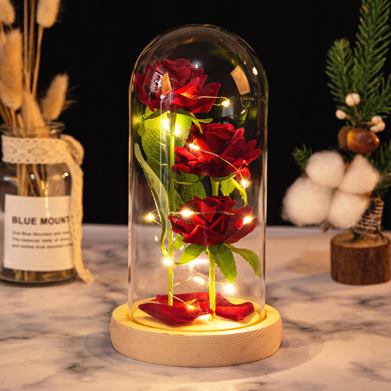 Three Preserved Flower Valentine's Day Gifts Ideas Enchanted Led Lights in Glass Dome Eternal Rose Ornaments