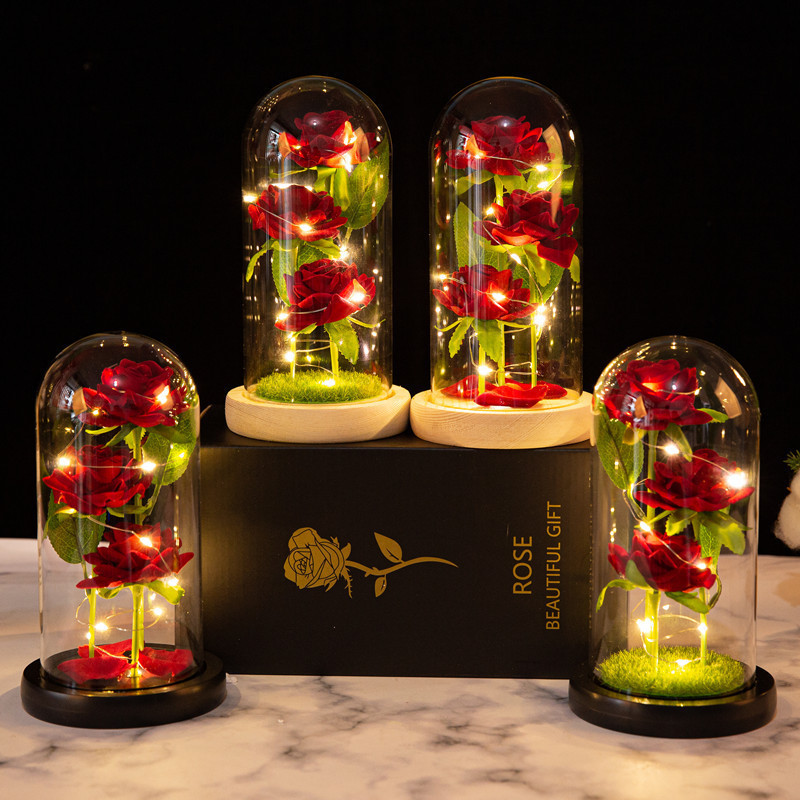 Three Preserved Flower Valentine's Day Gifts Ideas Enchanted Led Lights in Glass Dome Eternal Rose Ornaments