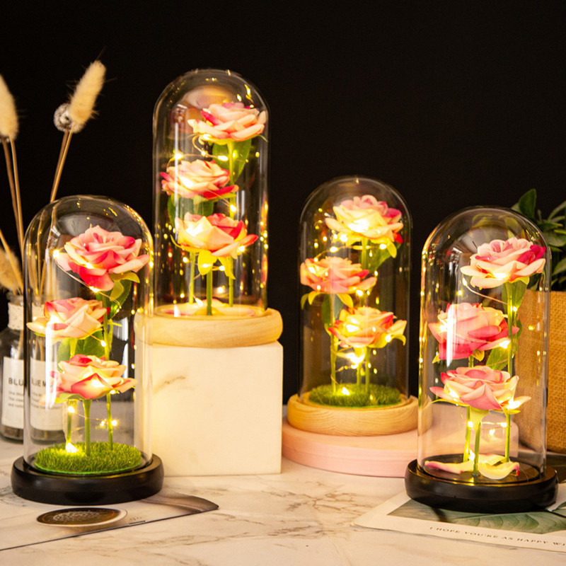 Three Preserved Flower Valentine's Day Gifts Ideas Enchanted Led Lights in Glass Dome Eternal Rose Ornaments